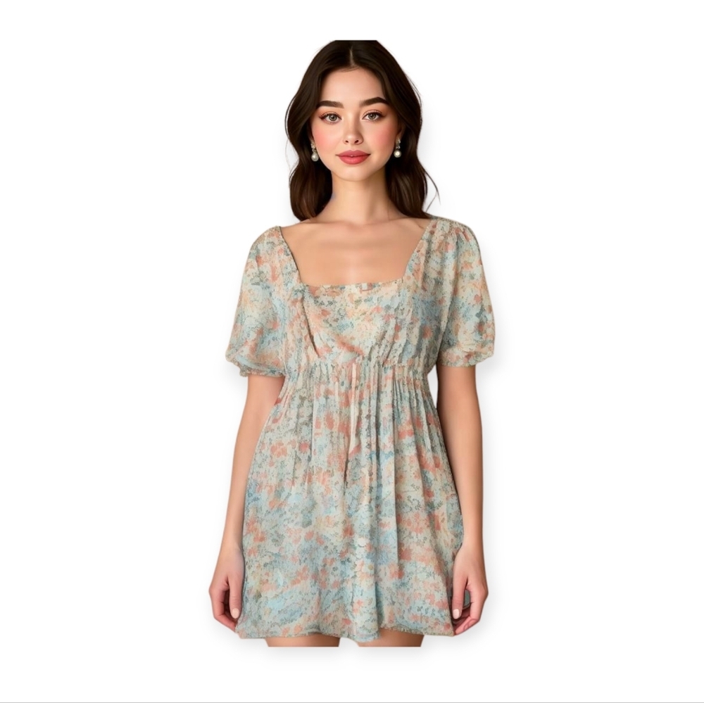 Mable Pastel Floral Puff Sleeve Mini Dress Fairycore Boho Romantic XS S